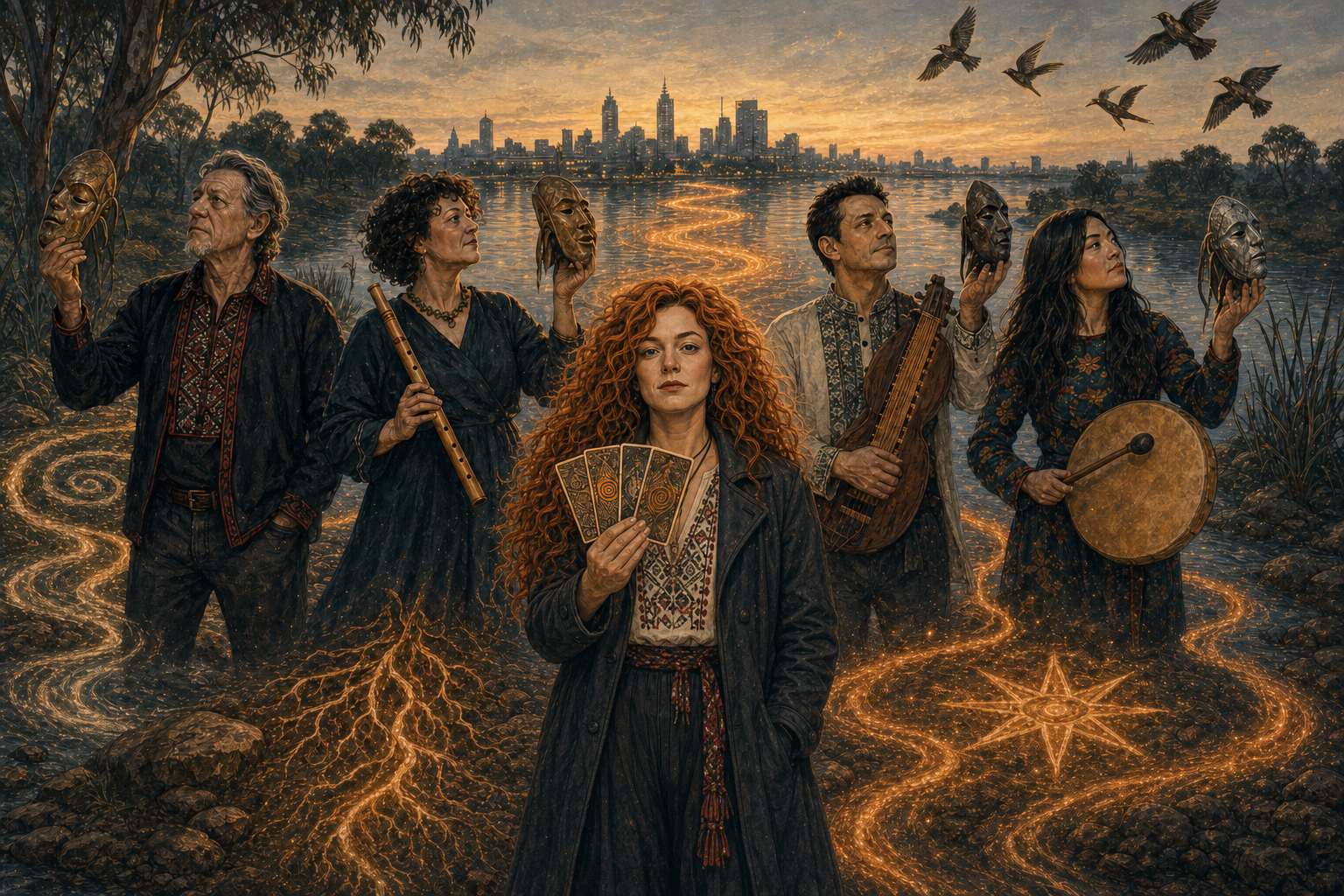 Yaryna and four musician-guides standing beside Birrarung at dawn.
